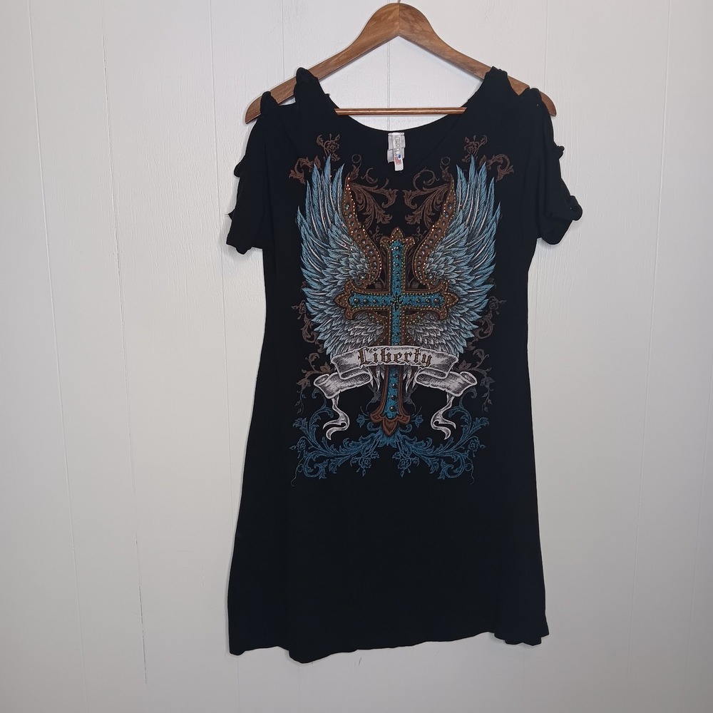 Y2K Liberty Wear Mini Dress L Black Graphic Rhinestones Edgy Whimsigoth McBling